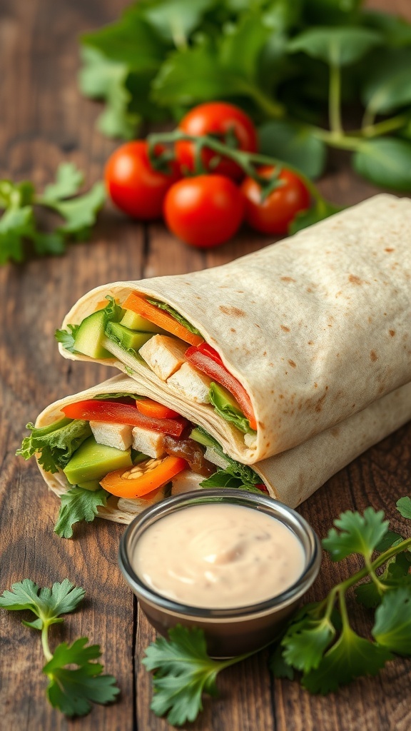Healthy tortilla wrap filled with vegetables and chicken, sliced in half, on a wooden table with dipping sauce.
